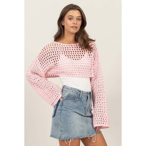 Blush Pink Mesh Crochet Crop Top Long Sleeve Y2k Knit Sweater Shrug - Picture 2 of 5